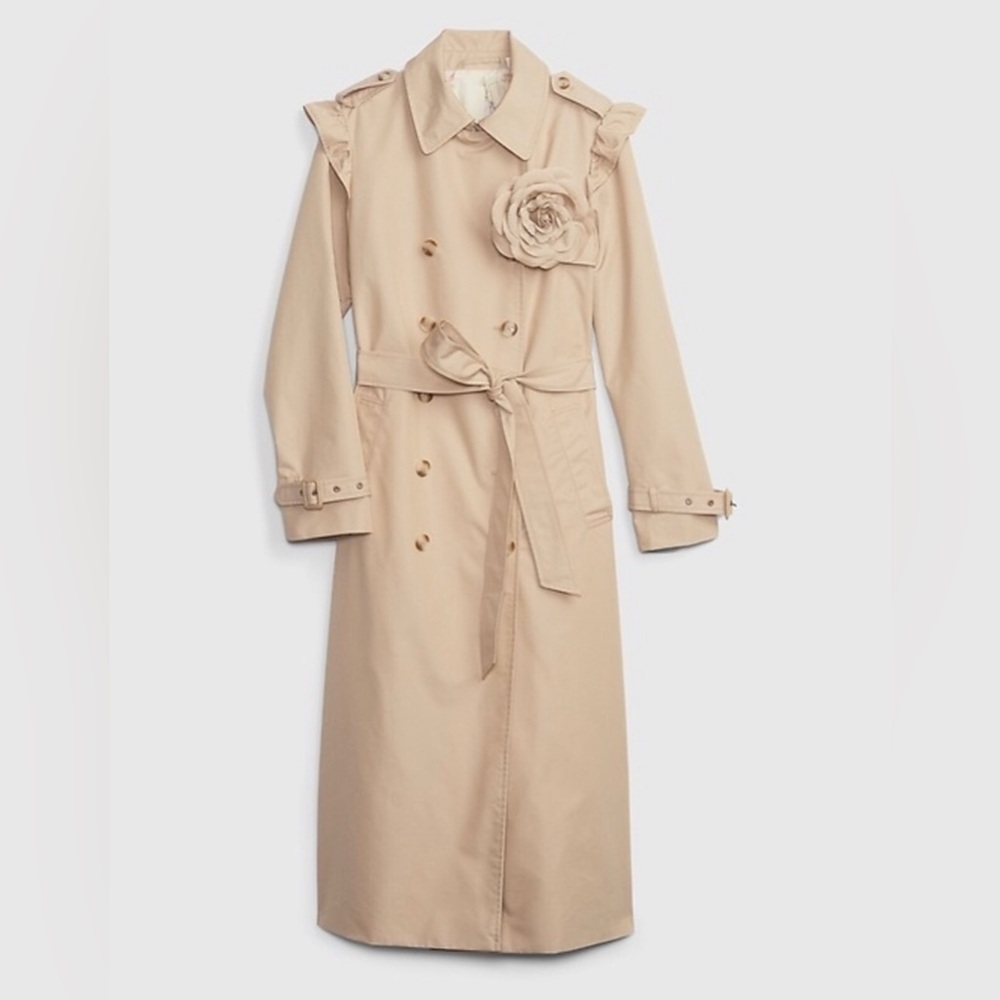 GAP x LoveShackFancy Beige Floral-Accent Long Trench Coat